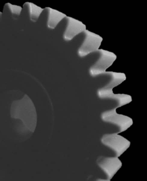 Made in USA - 20 Pitch, 2.2" Pitch Diam, 2.3" OD, 44 Tooth Spur Gear - 3/8" Face Width, 3/8" Bore Diam, 47/64" Hub Diam, 20° Pressure Angle, Acetal - Exact Tooling