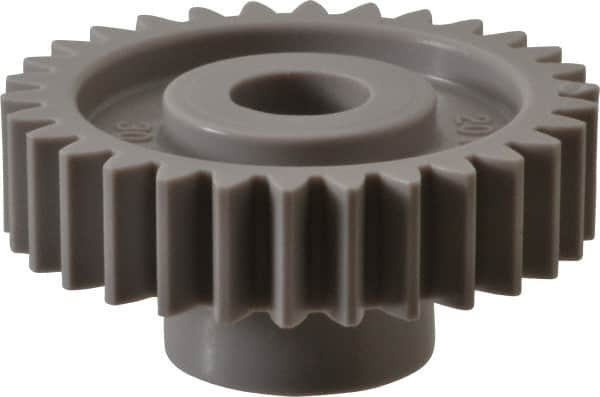 Made in USA - 20 Pitch, 1-1/2" Pitch Diam, 1.6" OD, 30 Tooth Spur Gear - 3/8" Face Width, 3/8" Bore Diam, 47/64" Hub Diam, 20° Pressure Angle, Acetal - Exact Tooling
