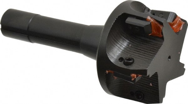 APT - 15° Lead Angle, 3" Max Cut Diam, 3" Min Cut Diam, 0.4063" Max Depth of Cut, Indexable Chamfer and Angle End Mill - 5 Inserts, SPG, SPU Insert Style, 5" OAL, Taper Shank - Exact Tooling