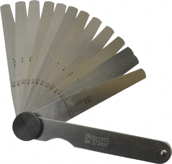 Starrett - 13 Piece, 0.03 to 0.5mm Tapered Feeler Gage Set - 77mm Long x 7 to 12.7mm Wide (Tapered), Tempered Steel - Exact Tooling