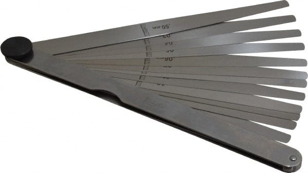 Starrett - 13 Piece, 0.03 to 0.5mm Tapered Feeler Gage Set - 152mm Long x 7 to 12.7mm Wide (Tapered), Tempered Steel - Exact Tooling