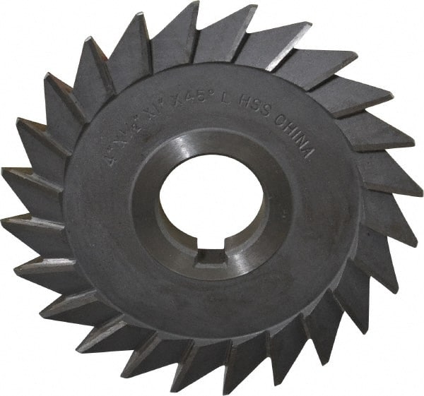 Value Collection - 4" Diam x 1/2" Width of Cut, 45° Included Angle, Arbor Connection, High Speed Steel Single Angle Cutter - Left Hand Cut, Oxide Finish - Exact Tooling