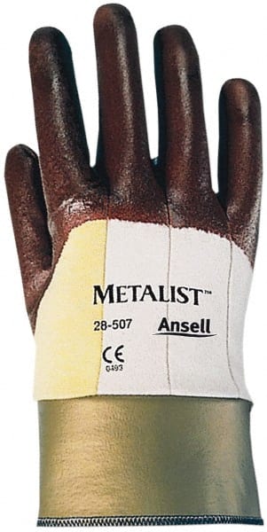 Ansell - Size S (7), ANSI Cut Lvl 2, Abrasion Lvl 3, Nitrile Coated Cut Resistant Gloves - Palm, Fingers & Knuckles Coated, Cotton/Kevlar Lining, Safety Cuff, Brown, Paired - Exact Tooling
