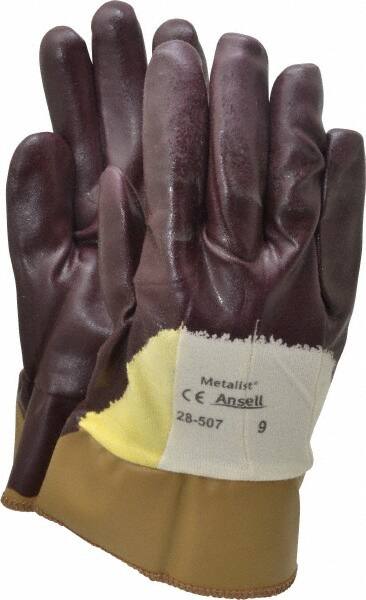 Ansell - Size L (9), ANSI Cut Lvl 2, Abrasion Lvl 3, Nitrile Coated Cut Resistant Gloves - Palm, Fingers & Knuckles Coated, Cotton/Kevlar Lining, Safety Cuff, Brown, Paired - Exact Tooling