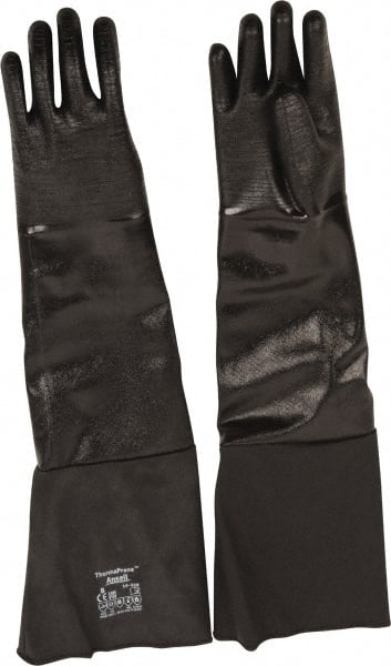 Ansell - Size M (8), 26" Long, 85 mil Thick, Supported, Neoprene Chemical Resistant Gloves - Textured Finish, Fleece/Jersey Lined, Gauntlet Cuff, ANSI Abrasion Level 3, ANSI Cut Level 2, Black, FDA Approved - Exact Tooling