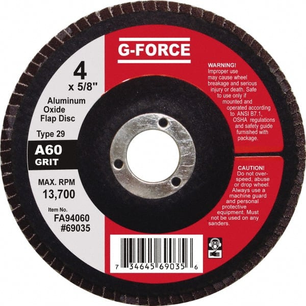 Value Collection - 60 Grit, 4" Disc Diam, 5/8" Center Hole, Type 29 Aluminum Oxide Flap Disc - 13,500 Max RPM, Fiberglass Backing, Arbor Attaching System, Coated - Exact Tooling