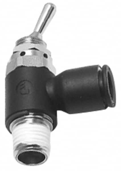 Legris - 3/8" OD, 1/4 NPT, Nylon/Nickel Plated Brass Push-to-Connect Manually Operated 3-Way Venting Valve - 230 Max psi, Black - Exact Tooling
