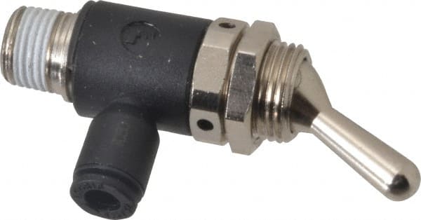Legris - 5/32" OD, 1/8 NPT, Nylon/Nickel Plated Brass Push-to-Connect Manually Operated 3-Way Venting Valve - 230 Max psi, Black - Exact Tooling