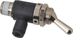 Legris - 5/32" OD, 1/8 NPT, Nylon/Nickel Plated Brass Push-to-Connect Manually Operated 3-Way Venting Valve - 230 Max psi, Black - Exact Tooling