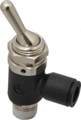 Legris - 1/4" OD, 1/8 NPT, Nylon/Nickel Plated Brass Push-to-Connect Manually Operated 3-Way Venting Valve - 230 Max psi, Black - Exact Tooling