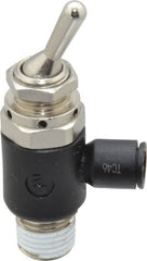 Legris - 1/4" OD, 1/4 NPT, Nylon/Nickel Plated Brass Push-to-Connect Manually Operated 3-Way Venting Valve - 230 Max psi, Black - Exact Tooling