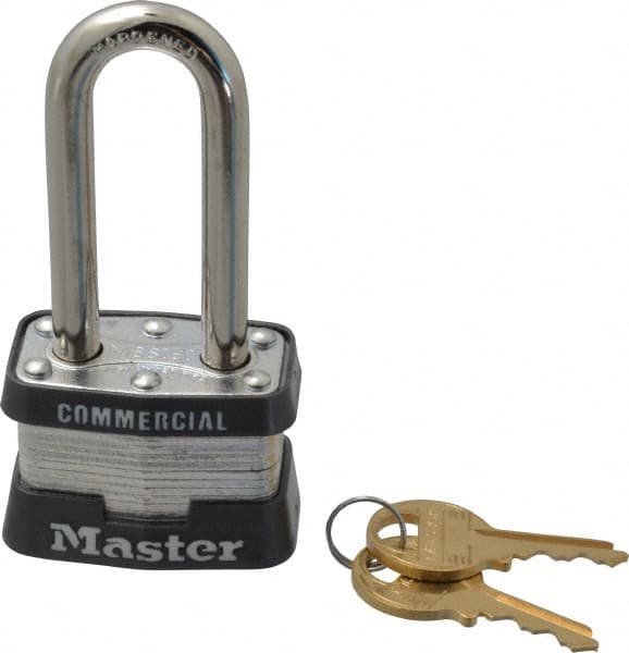 Master Lock - 2" Shackle Clearance, Keyed Different Laminated Steel Padlock - 9/32" Shackle Diam, Laminated Steel - Exact Tooling