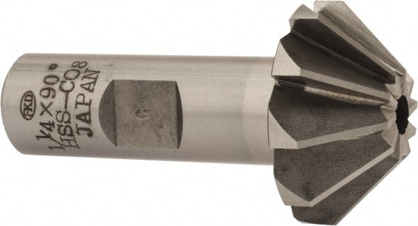 Interstate - 1-1/4" Large x 1/2" Small Diam, 17/32" Width of Cut, 90° Included Angle, Cobalt Face Angle Cutter - 5/8" Shank Diam, 2-13/32" Overall Length, Weldon Flat - Exact Tooling
