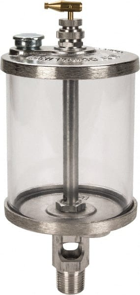 LDI Industries - 1 Outlet, Polymer Bowl, 0.47 L Manual-Adjustable Oil Reservoir - 1/2 NPTF Outlet, 3-1/2" Diam x 9-1/8" High, 71.11°C Max - Exact Tooling