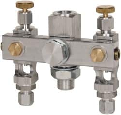 LDI Industries - 5/8-18 Outlet Thread, 1/4 Inlet Thread, Aluminum, Straight Valve, Oil Reservoir Needle Valve Manifold - 2 Outlet, 4-3/16" Wide, NPTF Inlet Thread, UNF Outlet Thread - Exact Tooling