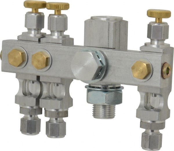 LDI Industries - 5/8-18 Outlet Thread, 1/4 Inlet Thread, Aluminum, Straight Valve, Oil Reservoir Needle Valve Manifold - 3 Outlet, 4-15/16" Wide, NPTF Inlet Thread, UNF Outlet Thread - Exact Tooling