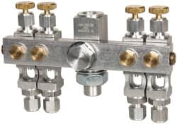 LDI Industries - 5/8-18 Outlet Thread, 1/4 Inlet Thread, Aluminum, Straight Valve, Oil Reservoir Needle Valve Manifold - 4 Outlet, 5-11/16" Wide, NPTF Inlet Thread, UNF Outlet Thread - Exact Tooling