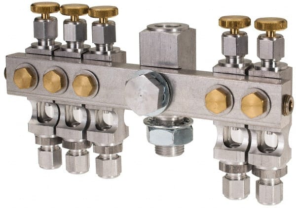LDI Industries - 5/8-18 Outlet Thread, 1/4 Inlet Thread, Aluminum, Straight Valve, Oil Reservoir Needle Valve Manifold - 5 Outlet, 6-7/16" Wide, NPTF Inlet Thread, UNF Outlet Thread - Exact Tooling