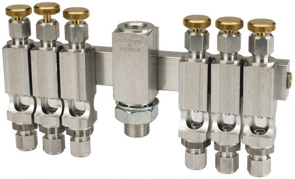 LDI Industries - 5/8-18 Outlet Thread, 1/4 Inlet Thread, Aluminum, Straight Valve, Oil Reservoir Needle Valve Manifold - 6 Outlet, 7-3/16" Wide, NPTF Inlet Thread, UNF Outlet Thread - Exact Tooling