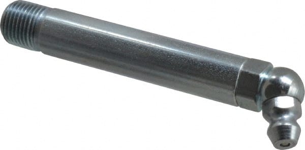 Alemite - 65° Head Angle, 1/8 PTF Carbon Steel Standard Grease Fitting - 3/8" Hex, 2-3/4" Overall Height, 2-1/4" Shank Length, 10,000 Operating psi, Zinc Plated Finish - Exact Tooling