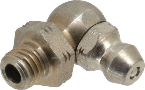 Alemite - 90° Head Angle, 1/4-28 Taper Stainless Steel Standard Grease Fitting - 3/8" Hex, 3/4" Overall Height, 13/64" Shank Length - Exact Tooling