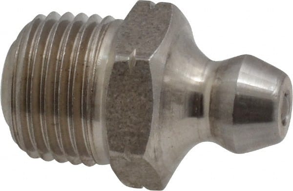 Alemite - Straight Head Angle, 1/8 PTF Nickel/Copper Standard Grease Fitting - 7/16" Hex, 3/4" Overall Height, 5/16" Shank Length - Exact Tooling