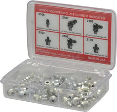 Alemite - 44 Piece, Metric, Box Grease Fitting Set - Includes Metric Thread Types, Includes M10x1: (10) Straight, M6x1: (10) Straight, (6) 45°, (6) 90°, M8x1: (6) Straight, (6) 90° - Exact Tooling