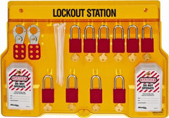 Master Lock - 14 Piece, Equipped Polycarbonate Padlock Station - 22 Inch Wide x 15-1/2 Inch High x 1-3/4 Inch Deep, Black on Yellow, Covered - Exact Tooling