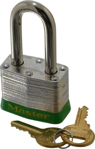 Master Lock - Keyed Different Retaining Key Conductive Lockout Padlock - 1-1/2" Shackle Clearance, 9/32" Shackle Diam, 1-1/4" Body Height x 1-9/16" Body Width, Green, 4 Pins - Exact Tooling