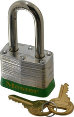 Master Lock - Keyed Different Retaining Key Conductive Lockout Padlock - 1-1/2" Shackle Clearance, 9/32" Shackle Diam, 1-1/4" Body Height x 1-9/16" Body Width, Green, 4 Pins - Exact Tooling