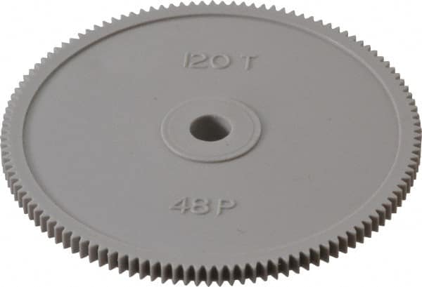 Made in USA - 48 Pitch, 2-1/2" Pitch Diam, 2.542" OD, 120 Tooth Spur Gear - 1/8" Face Width, 1/4" Bore Diam, 39/64" Hub Diam, 20° Pressure Angle, Acetal - Exact Tooling