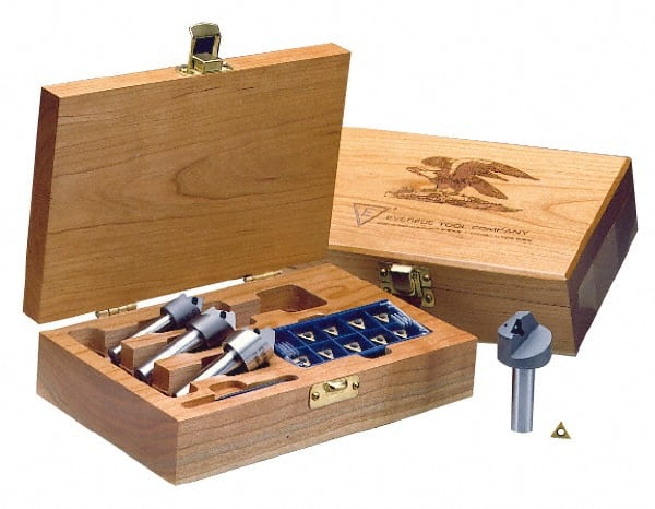 Everede Tool - 4 Countersinks, 90° Included Angle, 1/8 to 0.621" Cut Diam Smallest Tool, 1/2 to 0.996" Cut Diam Largest Tool, Triangle TPGH 215 Inserts Indexable Countersink Set - 3/8, 1/2" Shank Diam, 1/4° Inscribed Circle, 10 Inserts - Exact Tooling