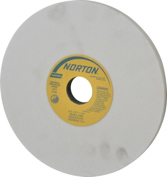 Norton - 8" Diam x 1-1/4" Hole x 1/2" Thick, J Hardness, 80 Grit Surface Grinding Wheel - Aluminum Oxide, Type 1, Medium Grade, 3,600 Max RPM, Vitrified Bond, No Recess - Exact Tooling