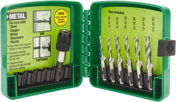 Greenlee - #6-32 to 1/4-20 UNC, 2-1/4" Overall Length, 1-1/4" Drill Length, High Speed Steel Combination Drill and Tap Set - 1/2" Thread Length, 2 Flutes, 6 Piece Set - Exact Tooling