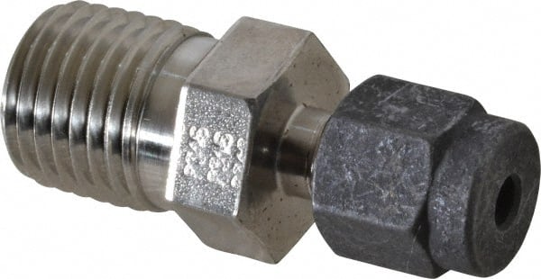 Parker - 1/8" OD, Stainless Steel Male Connector - 9/16" Hex, Comp x MNPT Ends - Exact Tooling
