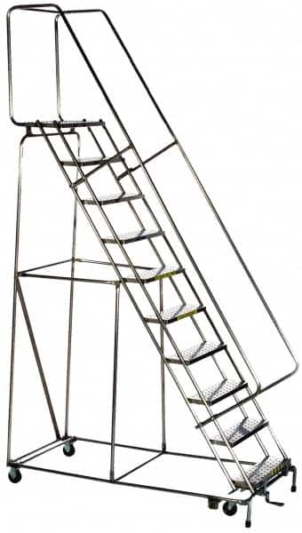 Ballymore - 96-1/2" 7 Step Ladder - Rolling Safety Ladder, 300 Lb Capacity, 66-1/2" Platform Height, 30" Base Width x 49" Base Depth, Solid Ribbed Tread - Exact Tooling