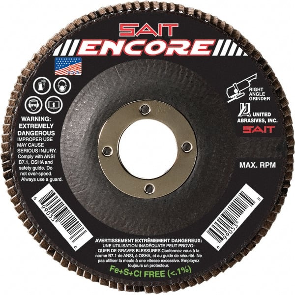 Sait - 36 Grit, 4-1/2" Disc Diam, 7/8" Center Hole, Type 27 Zirconia Alumina Flap Disc - 13,300 Max RPM, Fiberglass Backing, Arbor Attaching System, Coated - Exact Tooling