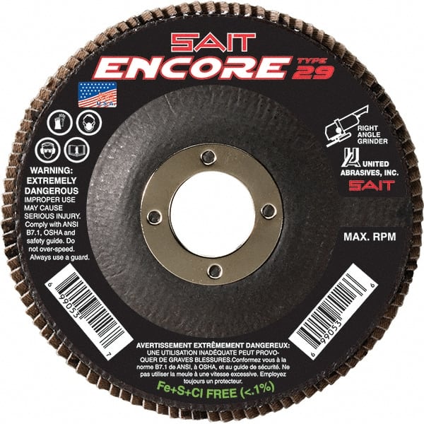 Sait - 40 Grit, 6" Disc Diam, 7/8" Center Hole, Type 29 Zirconia Alumina Flap Disc - 10,200 Max RPM, Fiberglass Backing, Arbor Attaching System, Coated - Exact Tooling