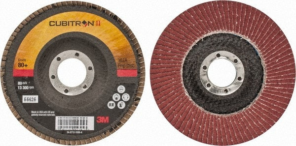 3M - 80 Grit, 4-1/2" Disc Diam, 7/8" Center Hole, Type 29 Ceramic Flap Disc - 13,300 Max RPM, Cloth Backing, Arbor Attaching System, Coated - Exact Tooling