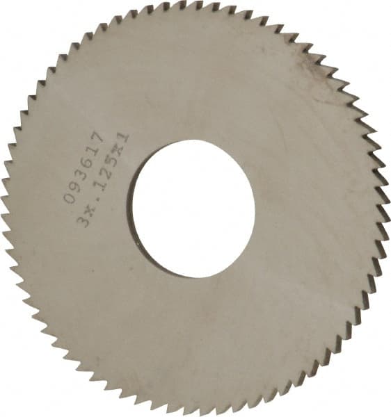 Made in USA - 3" Diam x 1/8" Blade Thickness x 1" Arbor Hole Diam, 72 Tooth Slitting and Slotting Saw - Arbor Connection, Right Hand, Uncoated, Solid Carbide, 5° Rake, Concave Ground - Exact Tooling