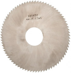 Made in USA - 4" Diam x 0.0312" Blade Thickness x 1" Arbor Hole Diam, 80 Tooth Slitting and Slotting Saw - Arbor Connection, Right Hand, Uncoated, Solid Carbide, 5° Rake, Concave Ground - Exact Tooling