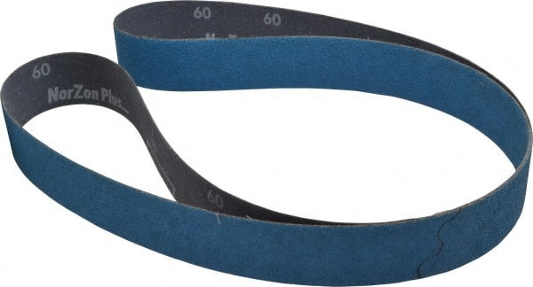 Norton - 1-1/2" Wide x 60" OAL, 60 Grit, Zirconia Alumina Abrasive Belt - Zirconia Alumina, Medium, Coated, Y Weighted Cloth Backing, Dry, Series R821 - Exact Tooling