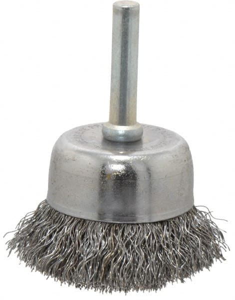 Made in USA - 1-3/4" Diam, 1/4" Shank Crimped Wire Steel Cup Brush - 0.0104" Filament Diam, 3/4" Trim Length, 13,000 Max RPM - Exact Tooling