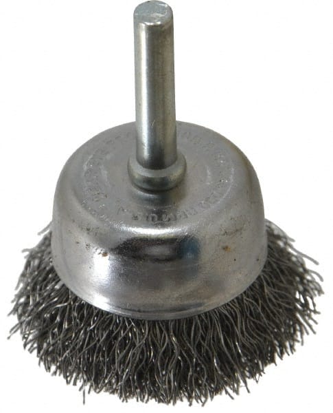 Made in USA - 1-3/4" Diam, 1/4" Shank Crimped Wire Steel Cup Brush - 0.0118" Filament Diam, 3/4" Trim Length, 13,000 Max RPM - Exact Tooling