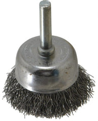 Made in USA - 1-3/4" Diam, 1/4" Shank Crimped Wire Steel Cup Brush - 0.0118" Filament Diam, 3/4" Trim Length, 13,000 Max RPM - Exact Tooling