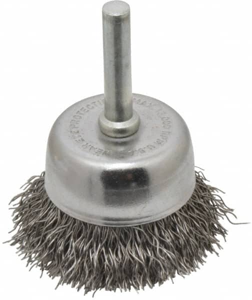 Made in USA - 1-3/4" Diam, 1/4" Shank Crimped Wire Steel Cup Brush - 0.014" Filament Diam, 3/4" Trim Length, 13,000 Max RPM - Exact Tooling