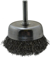 Made in USA - 2-1/4" Diam, 1/4" Shank Crimped Wire Steel Cup Brush - 0.0118" Filament Diam, 5/8" Trim Length, 13,000 Max RPM - Exact Tooling