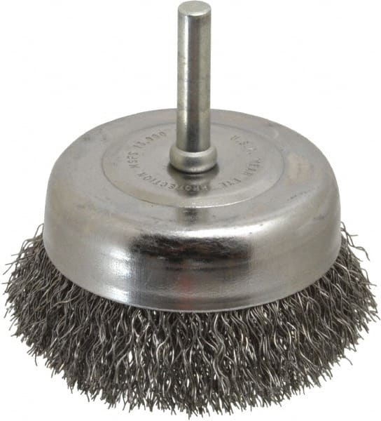 Made in USA - 2-3/4" Diam, 1/4" Shank Crimped Wire Steel Cup Brush - 0.0118" Filament Diam, 7/8" Trim Length, 13,000 Max RPM - Exact Tooling