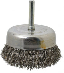Made in USA - 2-3/4" Diam, 1/4" Shank Crimped Wire Steel Cup Brush - 0.014" Filament Diam, 7/8" Trim Length, 13,000 Max RPM - Exact Tooling