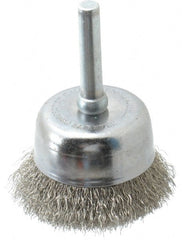 Made in USA - 1-3/4" Diam, 1/4" Shank Crimped Wire Stainless Steel Cup Brush - 0.006" Filament Diam, 3/4" Trim Length, 13,000 Max RPM - Exact Tooling